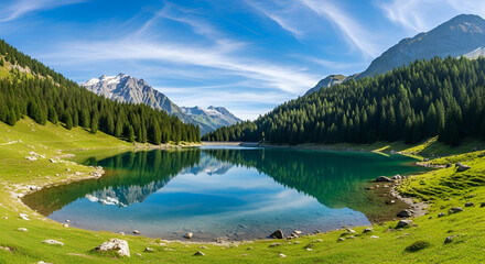 Beautiful scenic landscape of a tranquil mountain lake surrounded by lush green forests and towering snow-capped peaks under a clear blue sky perfect for nature travel and outdoor adventures
