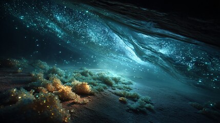 Obraz premium Enchanted Underwater Cave with Glowing Particles and Colorful Light