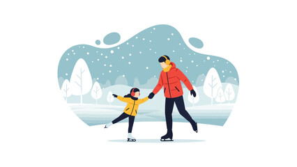 Fototapeta premium Father and Daughter Enjoying Ice Skating in a Snowy Winter Landscape