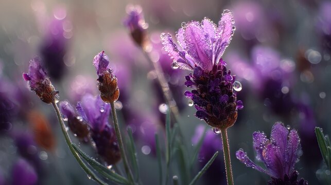 Close-up of Wet Lavender Flower with Water Droplets and Bokeh Background purple water drops