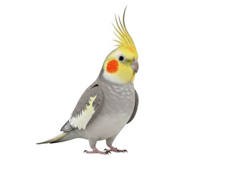 Cockatiel bird isolated on white background, pet avian with yellow crest isolated on transparent background