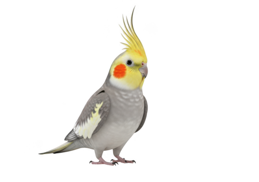 Cockatiel bird isolated on white background, pet avian with yellow crest isolated on transparent background