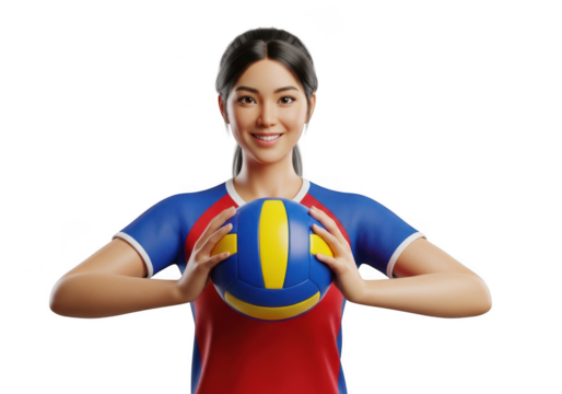 Young asian woman athlete in volleyball uniform holding ball, smiling isolated isolated on transparent background
