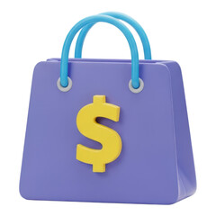 3d rendering of a purple shopping bag with dollar sign isolated on transparent background