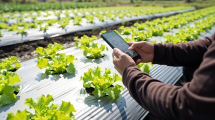 Smart Farming Farmer Using Tablet in Lettuce Field - Powered by Adobe