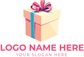 Gift box logo vector with pink ribbon and blue stripe for celebration, retail, or festive brand identity