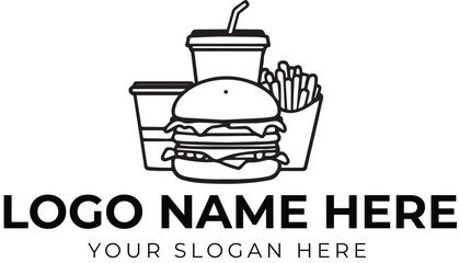 Fast food logo vector with burger, fries, drink, and takeout box in black and white for restaurant branding