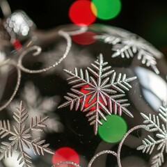 A macro photograph of a clear glass Christmas ornament decorated with intricate silver glitter snowflakes, with festive red and green bokeh lights in the background.
