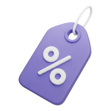 3d purple discount tag icon with percentage symbol isolated on transparent background
