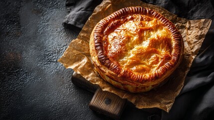Delicious puff pastry steak pie on baking paper with golden flaky crust served on black stone background, perfect for gourmet food photography, restaurant menus, and culinary presentations
