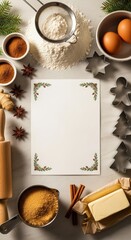Christmas baking ingredients like flour, eggs, and spices surrounding a blank recipe card on a marble surface.