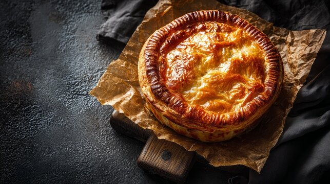 Delicious puff pastry steak pie on baking paper with golden flaky crust served on black stone background, perfect for gourmet food photography, restaurant menus, and culinary presentations