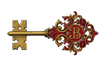 Ornate antique golden key with ornate red and gold flourish