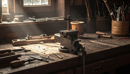 An interior shot of an old workshop, with tools and a vice on a wooden workbench, light streaming through a window