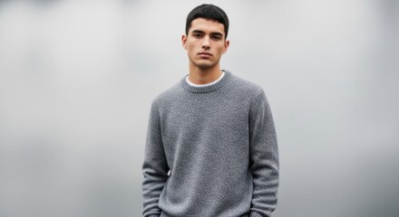 Portrait of a Young Man in Gray Sweater Standing Outdoors with