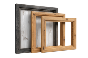 Two wooden picture frames one grey one natural wood on white wood planks photo, Isolated On White Background, Png Transparent