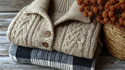 Stacked knit sweaters, a neutral beige cable-knit cardigan, and a dark-toned plaid blanket, rest on a weathered wooden surface. Autumnal elements like dried seed heads add to the cozy feel.