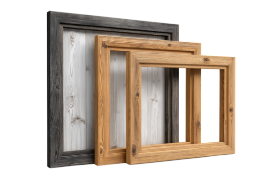 Two wooden picture frames one grey one natural wood on white wood planks photo, Isolated On White Background, Png Transparent