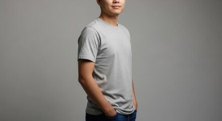 Casual young man in a plain gray t-shirt standing confidently with hands in pockets against a