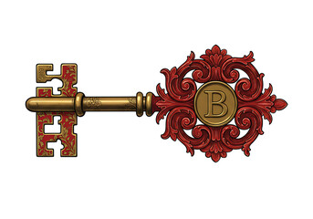 Unlock secrets with ornate gold and red antique key