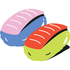 Two colorful sushi nigiri pieces with pink and red fish toppings and blue and green rice bases on a transparent background
