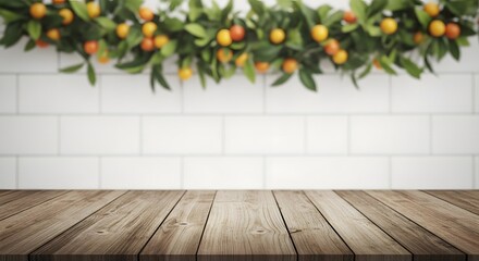 Wooden table with kumquats and greenery against a white tiled wall