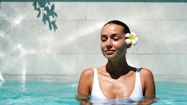Relaxing woman enjoying sunny poolside moment with flowers in her hair