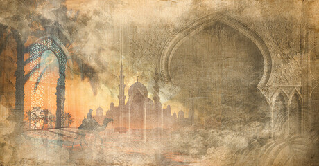 Desert Journey Ancient Arches and Distant Mosques . canvas texture background with islamic . Old brown ramadan and free space for text arabic . Islamic Background  Arabic Muslim Holy Month Ramadan 