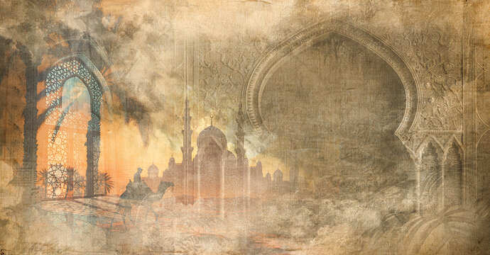 Desert Journey Ancient Arches and Distant Mosques . canvas texture background with islamic . Old brown ramadan and free space for text arabic . Islamic Background  Arabic Muslim Holy Month Ramadan 