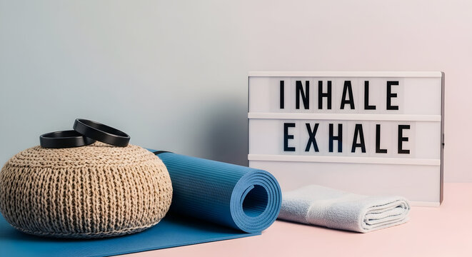 Relaxing yoga and meditation scene with yoga mat cushion and motivational quote lightbox promoting mindfulness and wellness practice in a calm environment - Powered by Adobe