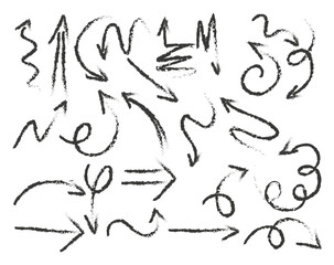 Arrow vector line set. Charcoal hand drawn pencil arrows. Doodle curved chalk darts. brush sketch arrow line curve up, down shape chalk texture element set. Abstract grunge scribble chalk crayon style