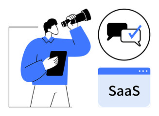Fototapeta premium Man with a megaphone holding a tablet, speech bubbles with checkmark, SaaS label. Ideal for marketing, collaboration, software, communication, teamwork technology innovation. A simple flat metaphor