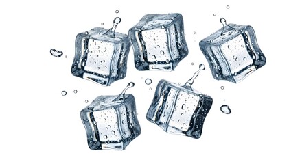 Icy Freshness: Five Clear Cubes with Water Droplets Floating on a Clean White Surface, Perfect for Cooling.