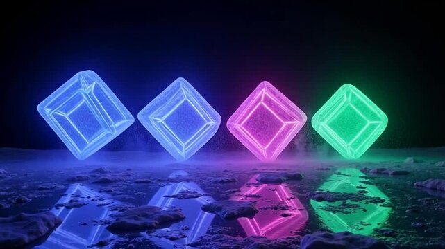 Vibrant neon cubes dynamically floating above a misty surreal landscape creating a modern and futuristic atmosphere perfect for tech and innovation projects