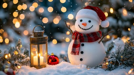 Snowman with festive decorations and lantern in winter garden during Christmas season
