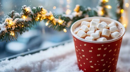 Warm hot chocolate topped with marshmallows sits by a snowy window during the festive winter season