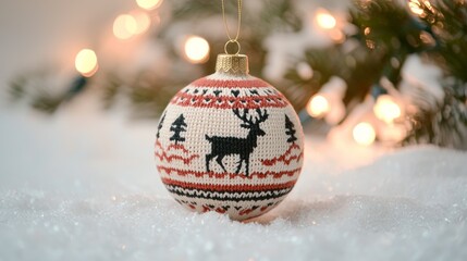 Beautiful knitted Christmas ornament with reindeer design hanging on a snowy background during the holiday season