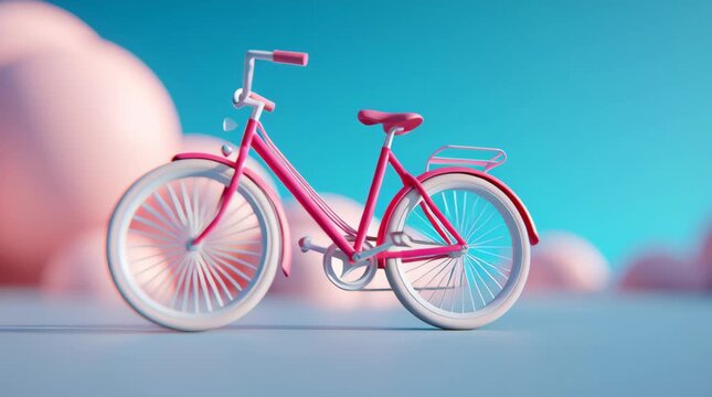 Pink bicycle pastel frame wheel tire on sky clouds background retro city toy single speed handlebar saddle pedal chain rack