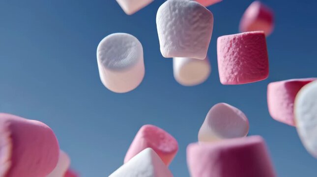 Pink marshmallow floating in soft sunlight blue sky airy motion playful texture candy confection sweet treat soft
