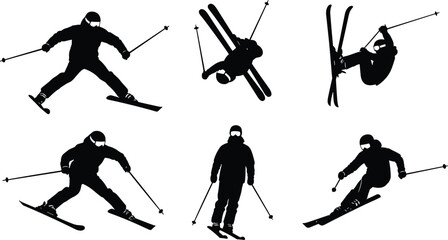 Obraz premium Silhouette skiers performing dynamic jumps and downhill moves, perfect for winter sports graphics, extreme skiing illustrations, athletic action scenes, and outdoor designs