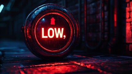 Red illuminated button labeled low in an industrial setting with dark surroundings and dramatic lighting effects