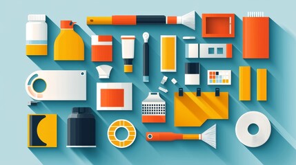 Cleaning tools and supplies displayed on a vibrant blue background showcasing various items for home maintenance tasks