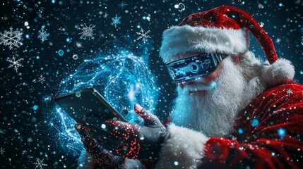 Santa uses virtual reality to check his list during the holiday season in a high-tech winter wonderland