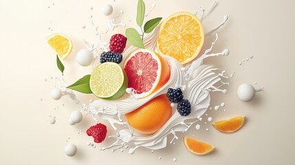 Colorful fruit explosion with cream and splashes of milk on a light background during a bright day in a creative kitchen setting