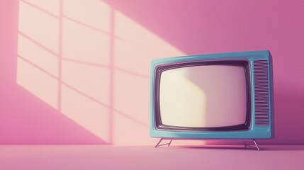 Vintage television set stands against a pink wall, reflecting sunlight from a nearby window in a cozy room interior