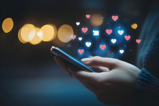 Hand holding smartphone with social media hearts and notification icons