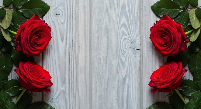 Red roses with lush green leaves elegantly frame a rustic light grey distressed wooden plank background, perfect for romantic greetings or special event invitations. - Powered by Adobe