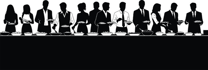Silhouettes of business people lined up at buffet table serving food, ideal for event graphics, catering concepts, restaurant themes, and hospitality designs