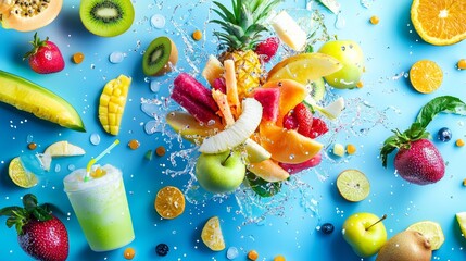 Bright and refreshing fruit explosion with colorful splashes and drinks on blue background