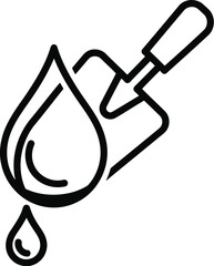 Simple black and white line icon depicting a construction trowel alongside a water droplet, illustrating concepts of mixing, hydration, and building materials